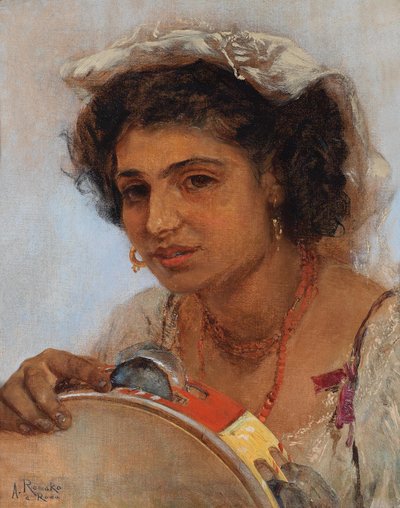 Italian Girl with Headscarf and Tambourine by Anton Romako